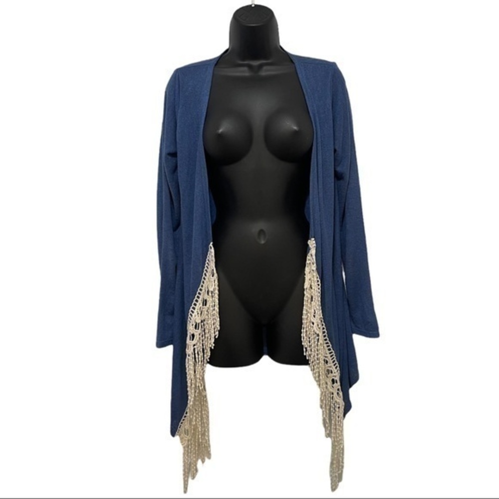 Charming Charlie Blue Long Sleeve Open Front Cardigan w/ Crochet Trim Size Small